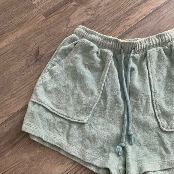 Zara Green Terry Towel Shorts Womens Medium M Front Pockets Drawstring - Picture 4 of 7
